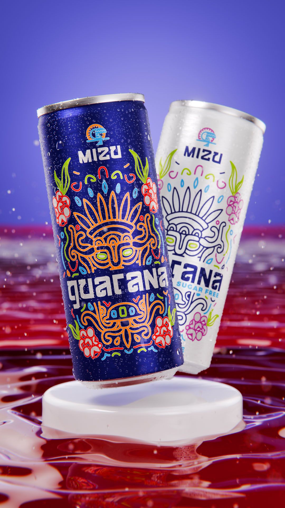 MIZU Guarana drink cans, the dark blue original and the white sugar-free, both in Aztec-inspired line art, balanced on a white disc above a rippling red liquid surface on a purple background, 3D CGI product render