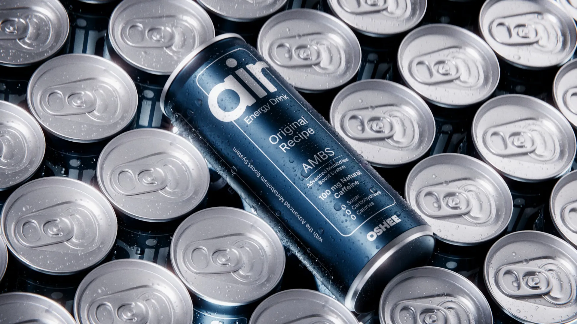 OSHEE air Energy Drink can, Original Recipe, lying on its side across a tightly packed bed of unopened silver cans beaded with condensation, 3D CGI product render