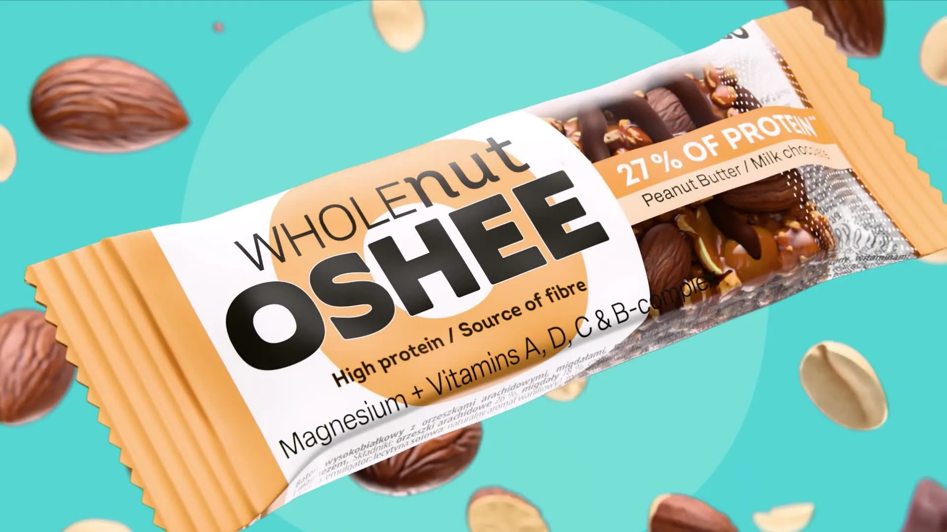 OSHEE Wholenut Peanut Butter and milk chocolate bar, 27% of protein, lying diagonally in its wrapper with the nut-and-caramel filling shown at one end, on a teal background with almonds and peanuts drifting past, 3D CGI product render