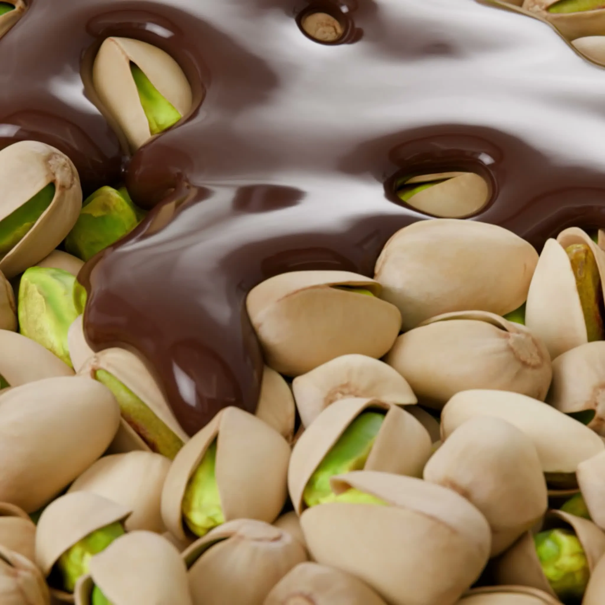 Melted dark chocolate flowing in a thick ribbon over a heap of part-open pistachios in their shells, close-up 3D CGI render from the OSHEE Wholenut animation