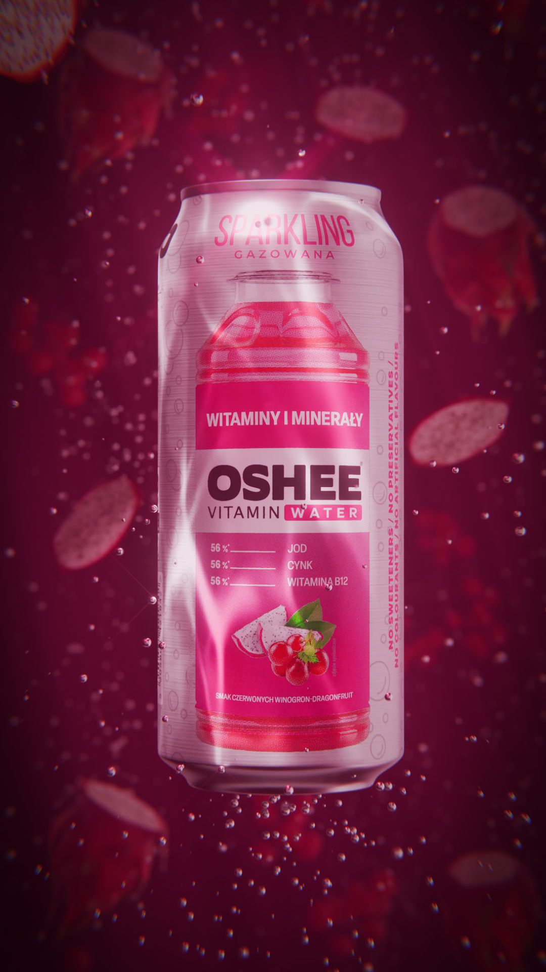 OSHEE Sparkling Vitamin Water can, red grape and dragon fruit flavour, suspended in deep magenta water among drifting dragon fruit slices and bubbles, vertical 3D CGI product render
