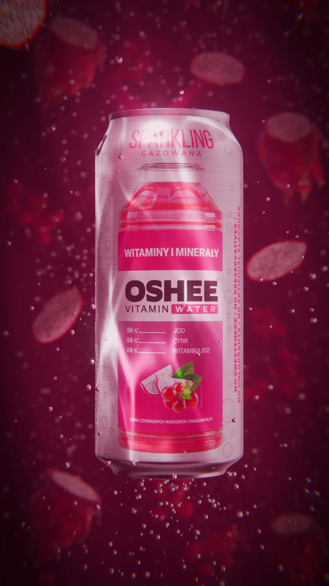 OSHEE Sparkling Vitamin Water can, red grape and dragon fruit flavour, suspended in deep magenta among drifting dragon fruit slices and rising bubbles, 3D CGI product render