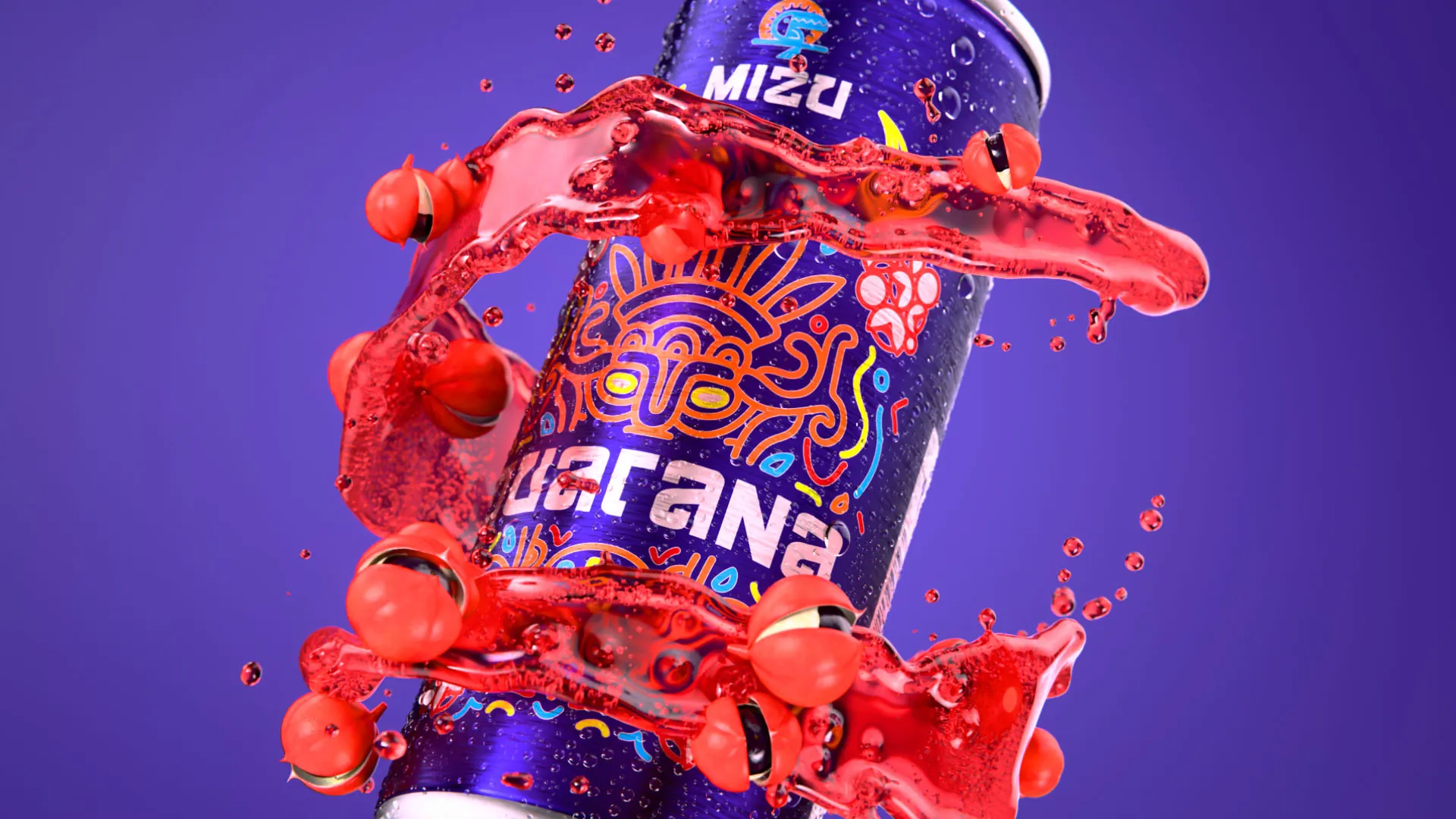 Still from the MIZU Guarana launch film, the dark blue can wrapped in a red guarana-berry liquid splash on a purple background
